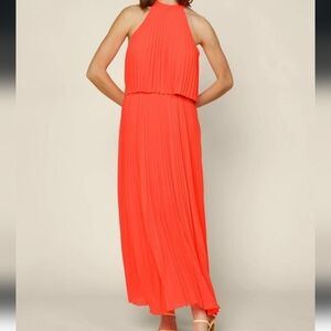 NWT Skies Are Blue Pleated Halter Neck Maxi Dress Neon Orange XS